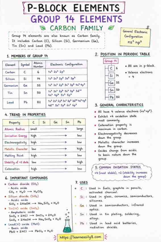 p-block elements for chemistry 11th: Notes of Group 14