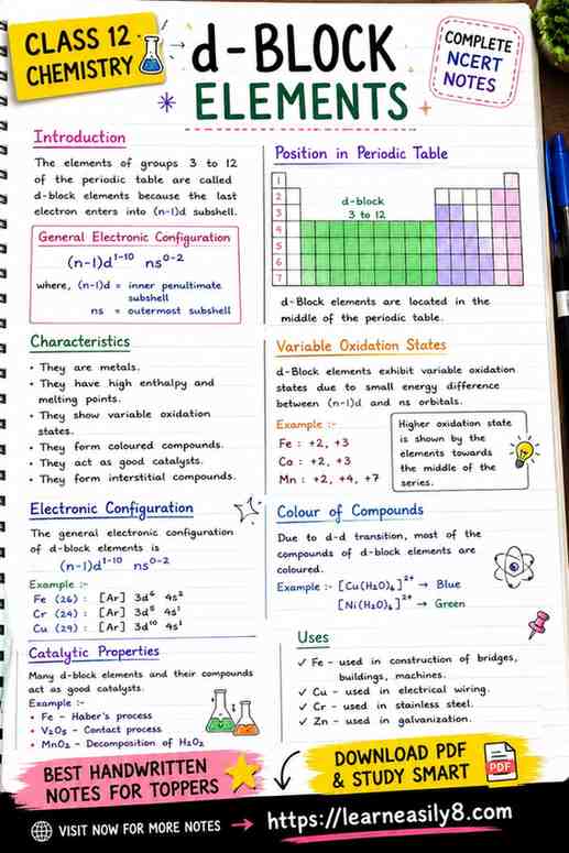 Notes of d-Block Elements Class 12 Chemistry in Hindi | NCERT Notes, Important Questions & Revision