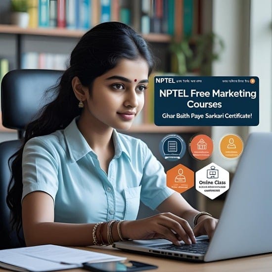 A young Indian student at a desk using a laptop Laptop screen displaying “NPTEL Free Digital Marketing Course” Hindi text: “NPTEL के 4 फ्री डिजिटल मार्केटिंग कोर्स – घर बैठे पाएं सरकारी सर्टिफिकेट!” Icons representing online class, certificate, and job preparation Background visuals related to digital marketing (SEO, social media, etc.)