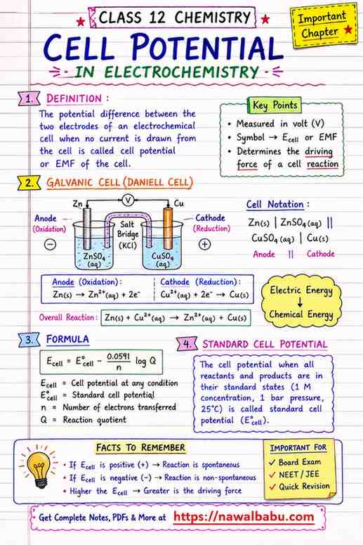 Cell Potential in Electrochemistry Class 12: Formula, Calculation & Solved Examples