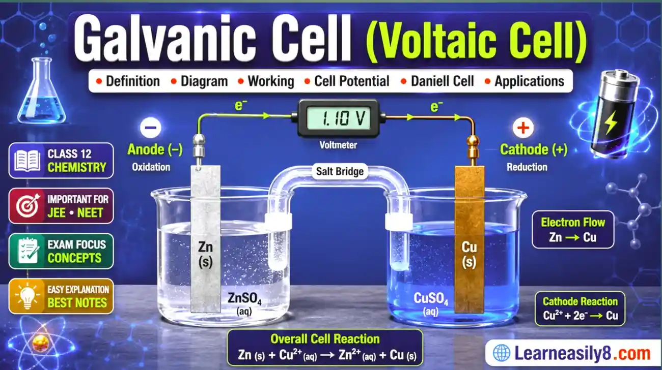 Galvanic Cell in Hindi | Definition, Diagram, Working, Daniell Cell, Cell Potential & Applications