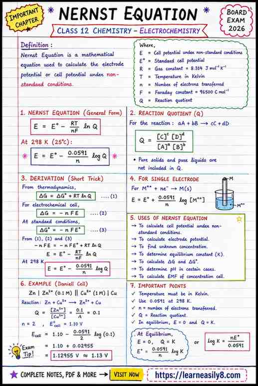 Nernst Equation Class 12: Formula, Derivation & Uses in Hindi