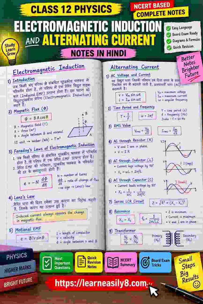 Electromagnetic Induction and Alternating Current Class 12 Notes in Hindi